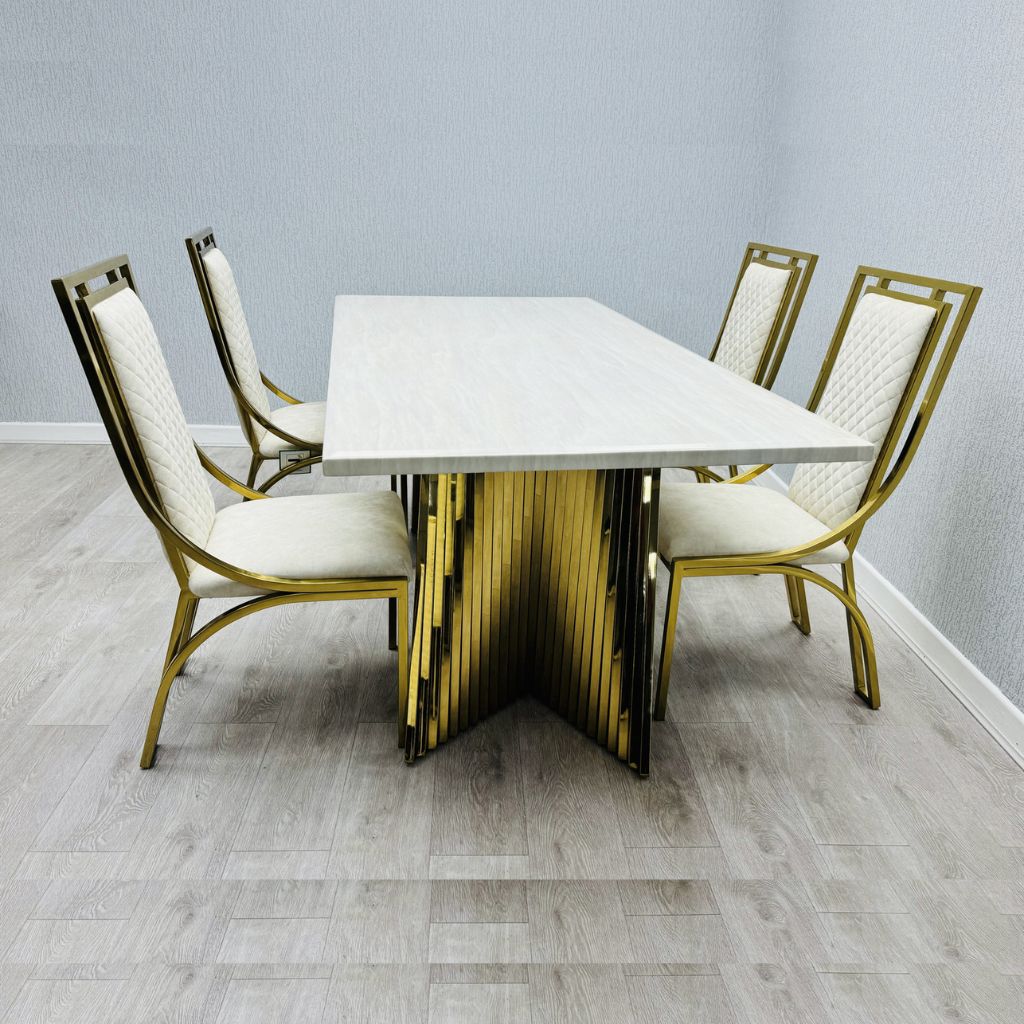Side view of Ravello White and Gold Marble Dining Table with dining chairs, contemporary dining set UK by Solid Furniture UK