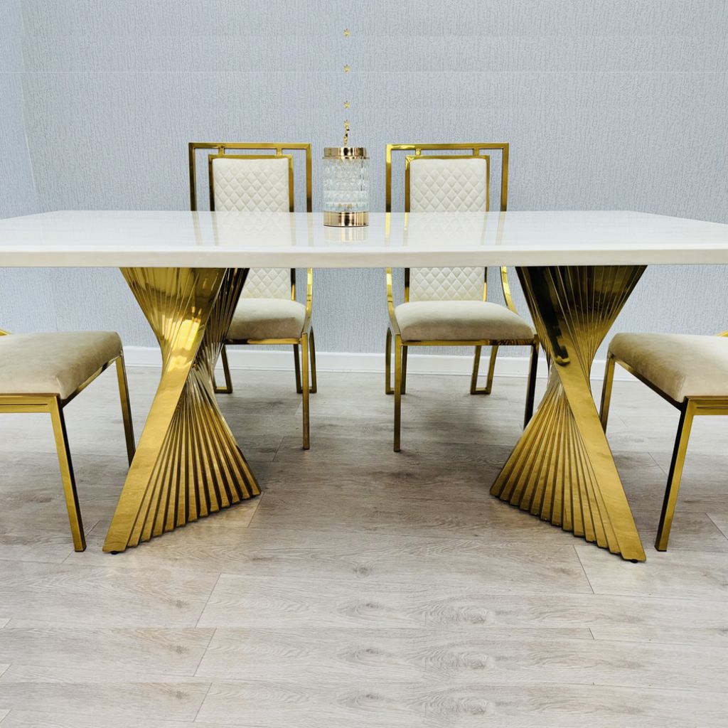Ravello White and Gold Marble Dining Table with chairs, modern luxury dining set UK by Solid Furniture UK