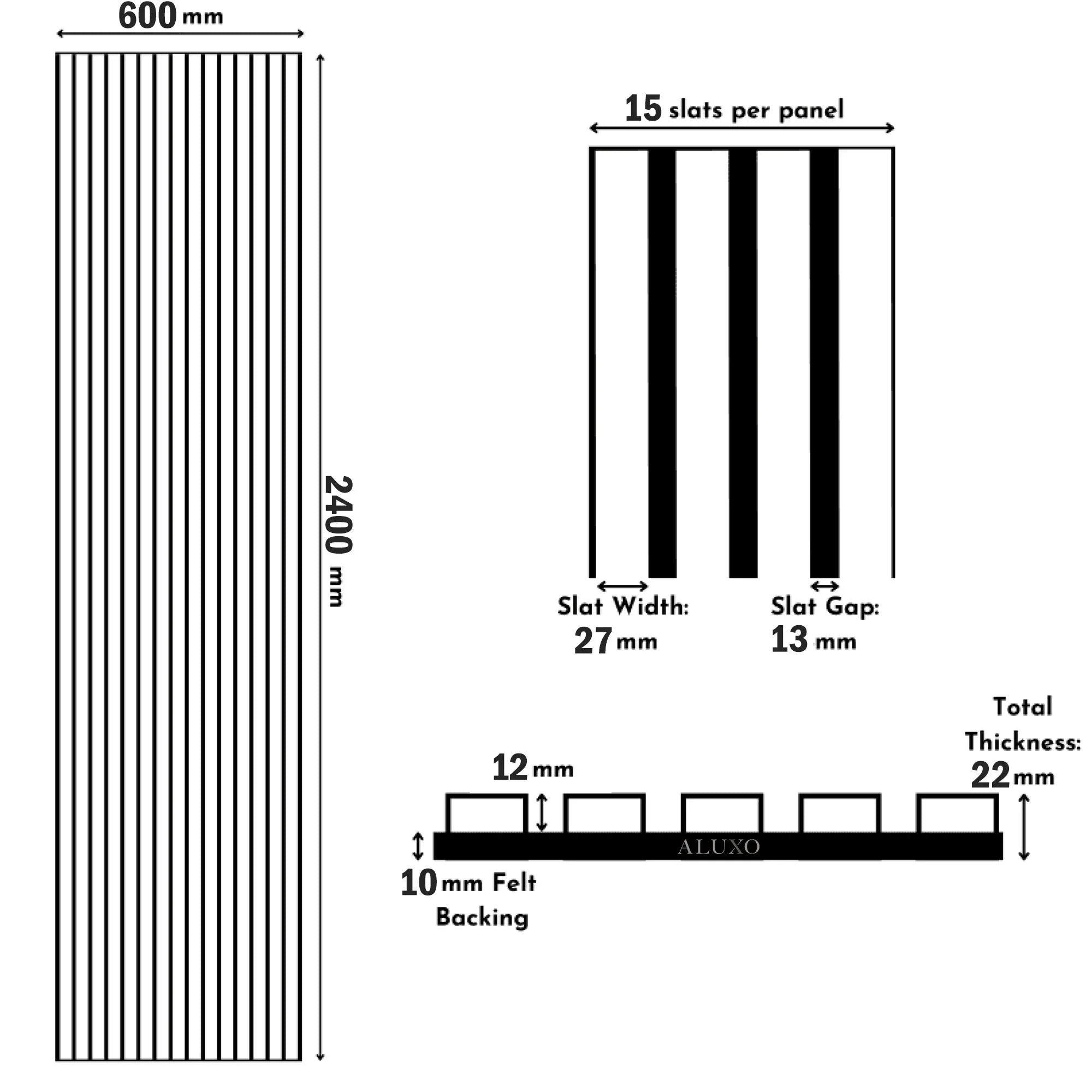 Technical dimension diagram of Real Wood Charcoal 60x240cm wall panel by Solid Furniture UK showing size, slat width, spacing, and panel depth
