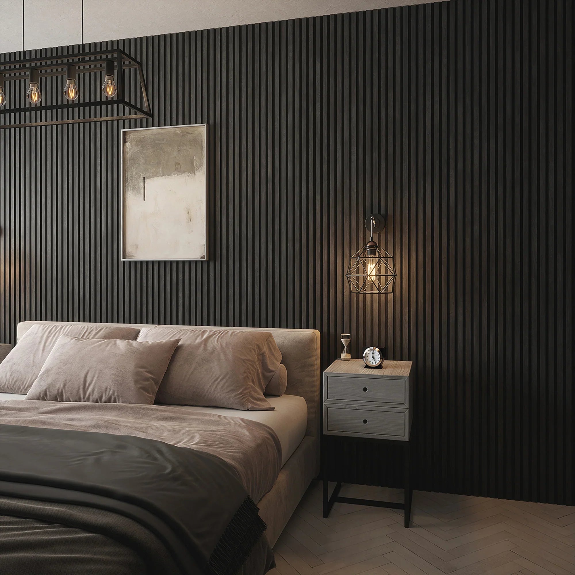 Full room view of Real Wood Charcoal 60x240cm slatted wall panels by Solid Furniture UK installed in a stylish modern interior space