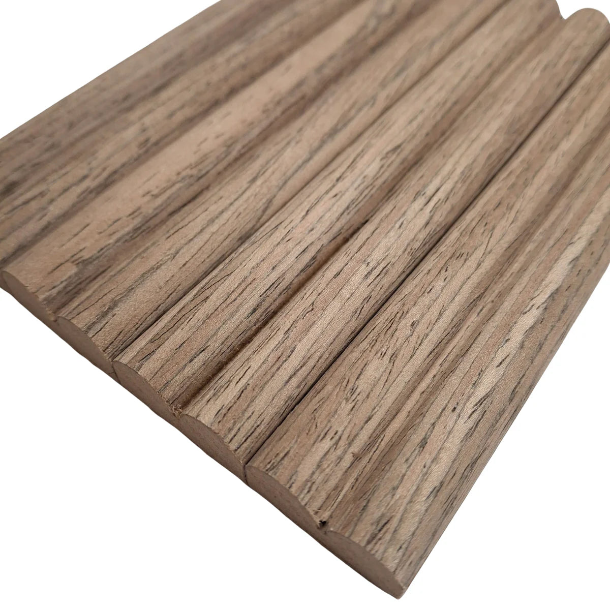 Reed flexible walnut wood veneer acoustic wall panels installed on curved wall solid furniture UK