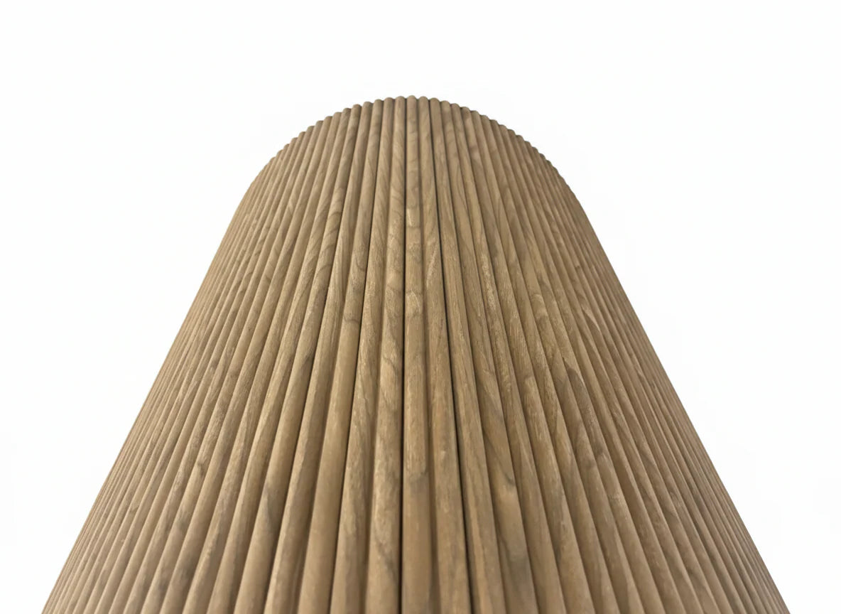 Close-up of Reed flexible walnut wood veneer acoustic wall panel showing rich walnut grain texture and vertical slatted design solid furniture UK