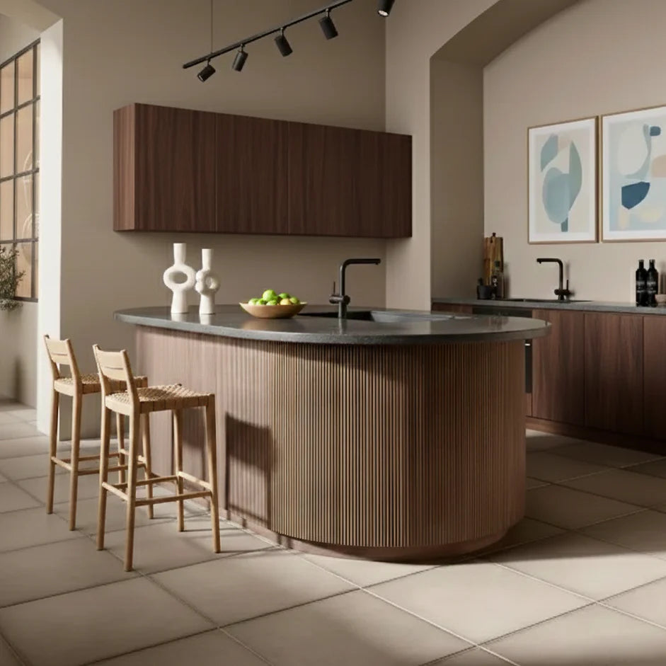 Modern interior featuring Reed flexible walnut wood veneer acoustic wall panels installed on wall with warm LED lighting creating a cozy and elegant atmosphere solid furniture UK