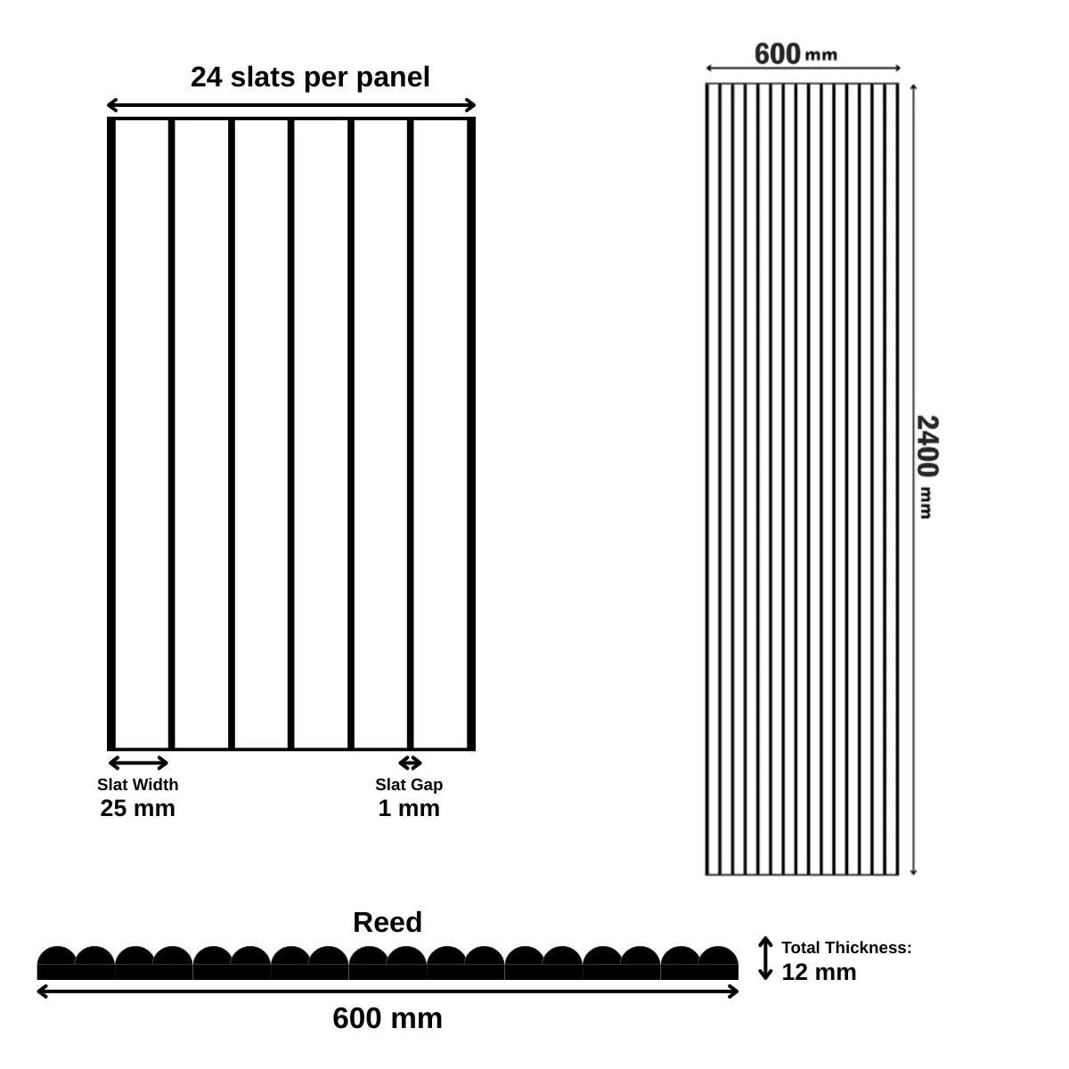 Technical dimensions of Reed flexible walnut wood veneer wall panel showing 2400 mm height, 600 mm width, and 22 mm thickness solid furniture UK