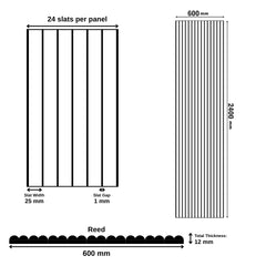 Technical dimensions of Reed flexible walnut wood veneer wall panel showing 2400 mm height, 600 mm width, and 22 mm thickness solid furniture UK