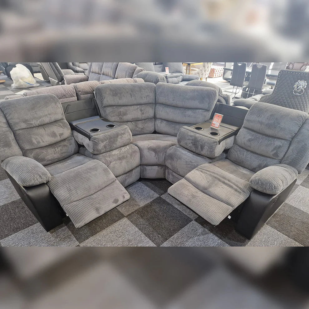 Front view of Rio cord grey fabric recliner corner sofa showing spacious seating and soft cushions solid furniture UK