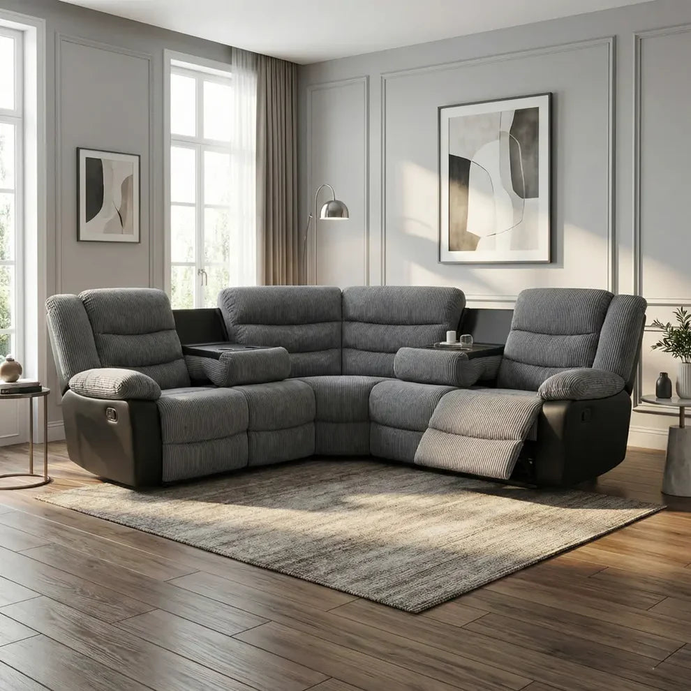 Rio cord grey fabric recliner corner sofa main view in modern living room setting solid furniture UK