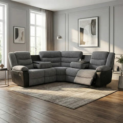 Rio cord grey fabric recliner corner sofa main view in modern living room setting solid furniture UK