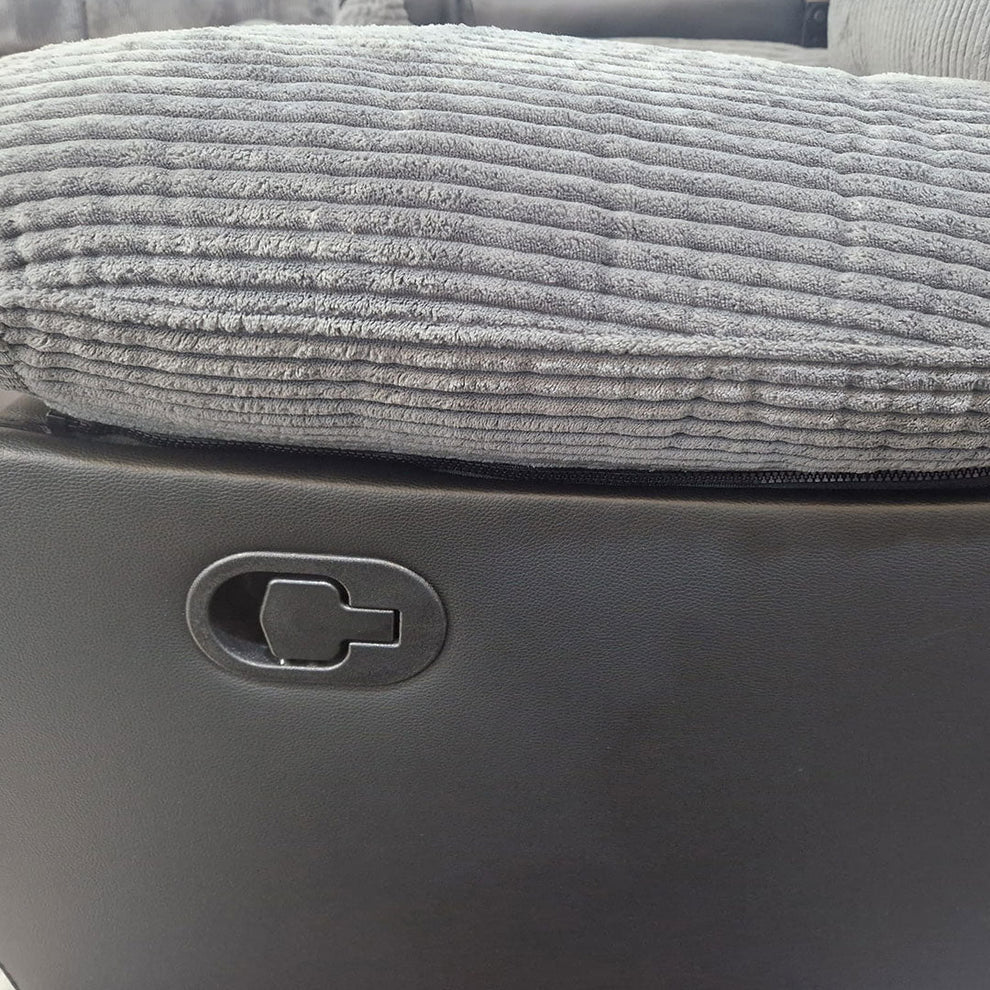 Side view of Rio cord grey fabric recliner corner sofa with manual reclining function extended solid furniture UK