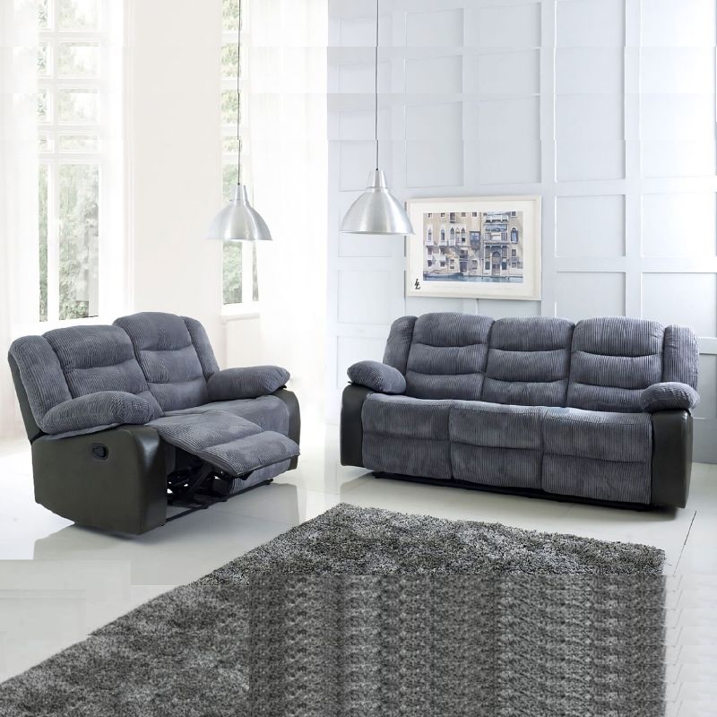 Side view of Rio cord fabric recliner sofa 2 and 3 seater showing reclining design and structure solid furniture UK