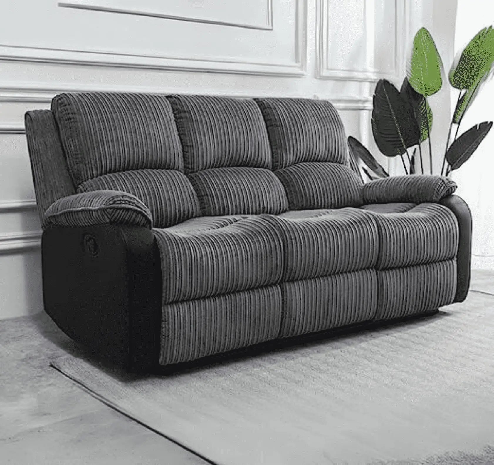 Side view of Rio cord fabric recliner sofa 2 and 3 seater showing reclining design and structure