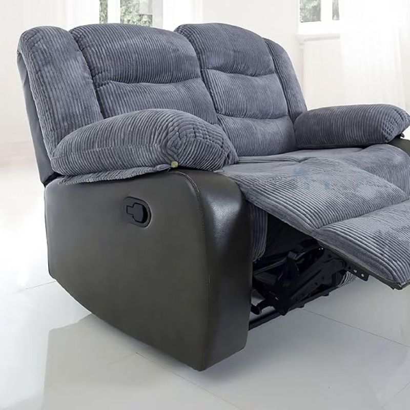 Side profile of Rio cord fabric 2 seater recliner sofa showing reclining mechanism solid furniture UK