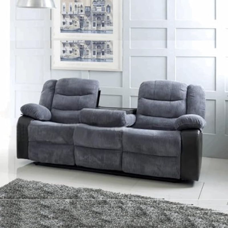 Rio cord fabric 3 seater recliner sofa in elephant grey with built-in cup holder console solid furniture UK