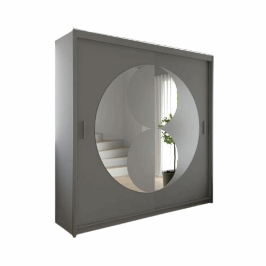 Rio grey sliding wardrobe with full-length mirrored doors, shelves, and hanging rails
