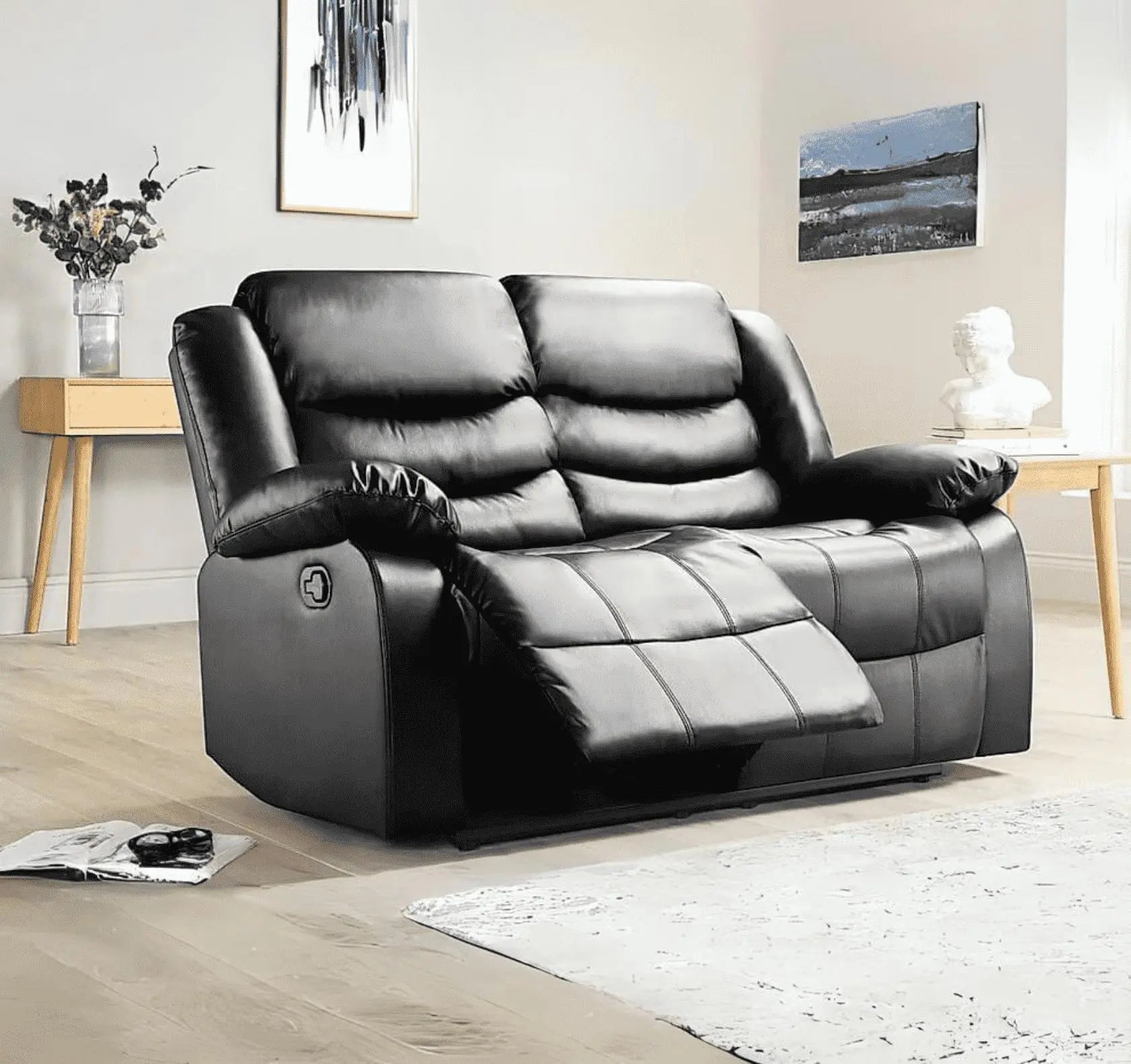 Roma 2 seater recliner sofa fully open showing reclining mechanism and extended footrest solid Furniture UK