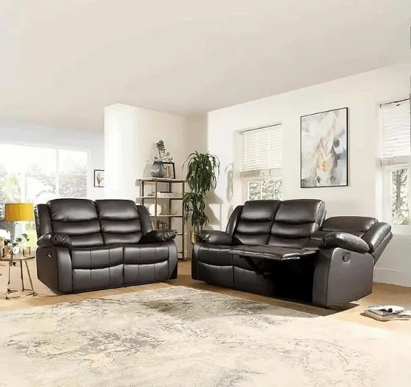 Roma brown leather 2 seater recliner sofa main view ideal for small spaces SOLID FURNITURE LTD