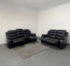 Front view of Roma 3+2 black recliner sofa set with stylish air leather finish and dual reclining seats solid furniture UK