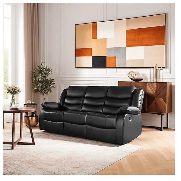 Roma 3 seater black air leather recliner sofa with smooth reclining function and cushioned seating solid furniture UK