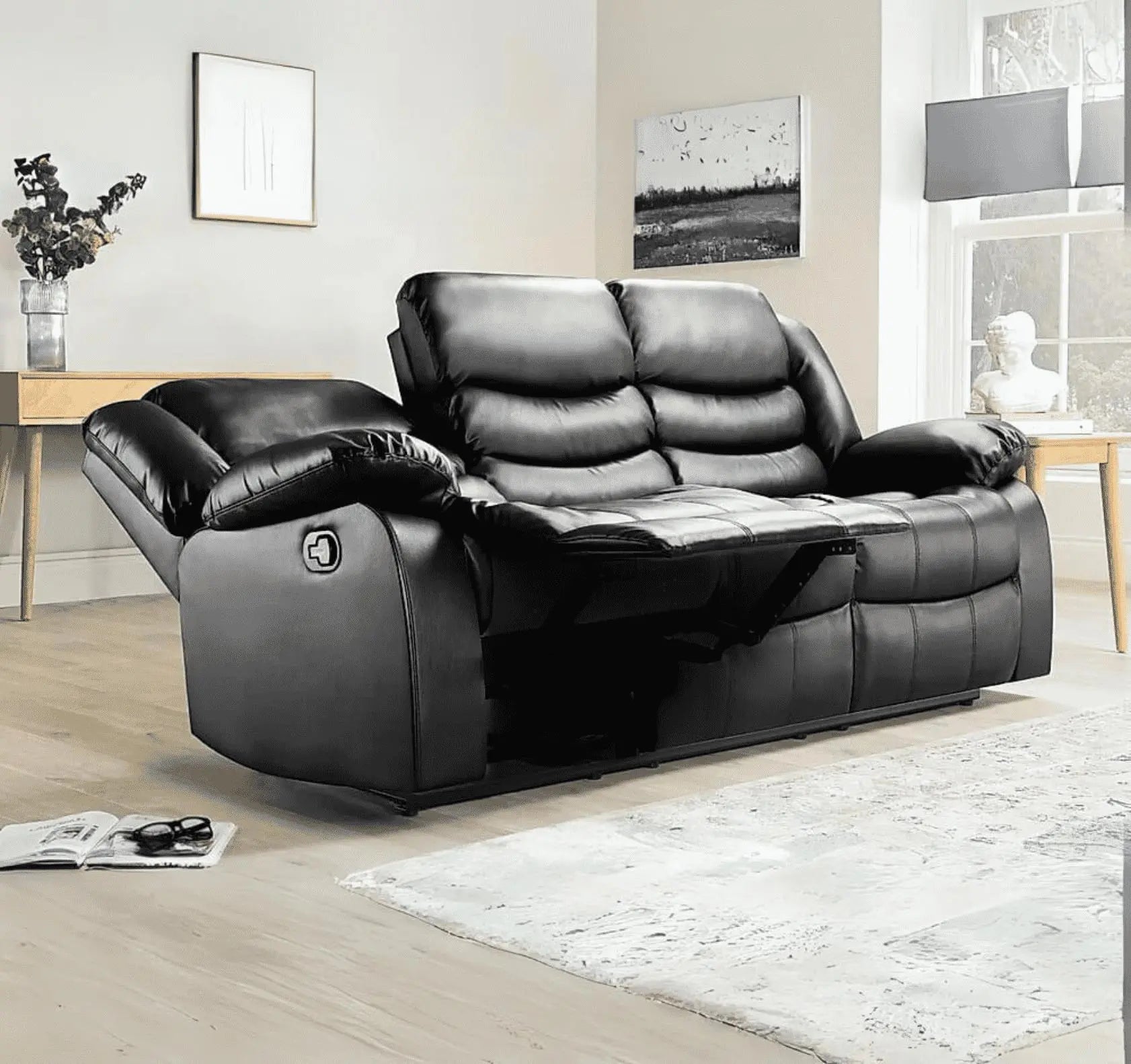 Roma 3 seater recliner sofa in fully reclined position with dual reclining seats for enhanced comfort Solid Furniture UK