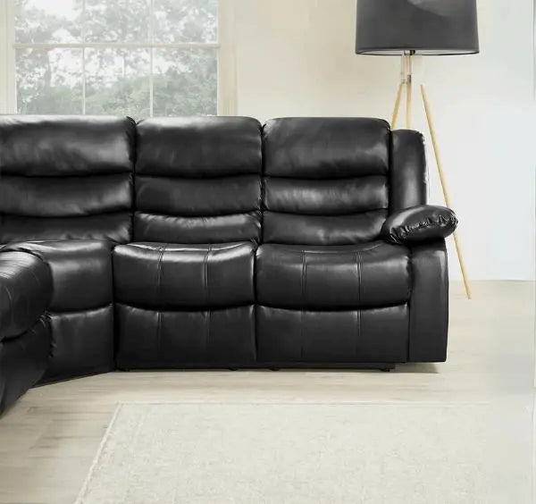 Angle view of Roma black leather recliner corner sofa highlighting its modern corner design solid furniture UK