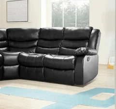 Angle view of Roma black leather recliner corner sofa highlighting its modern corner design UK