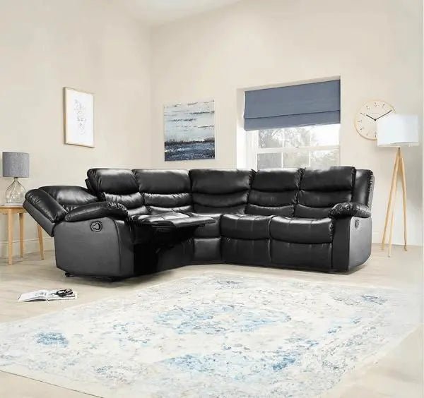 Roma black leather recliner corner sofa main view showing full oval shape and premium finish solid furniture UK