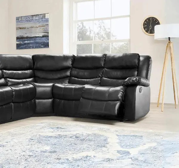 Side view of Roma black leather recliner corner sofa with reclining function and armrest detail solid furniture UK