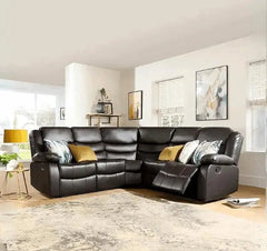 Angle view of Roma brown leather recliner corner sofa highlighting its modern corner layout solid furniture UK