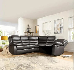 Front view of Roma brown leather recliner corner sofa with comfortable seating and cupholders solid furniture UK
