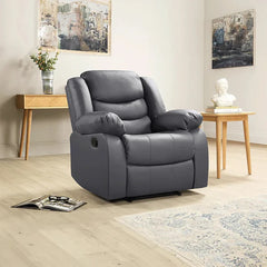 Front view of Roma grey leather recliner single chair with supportive cushions solid furniture UK 