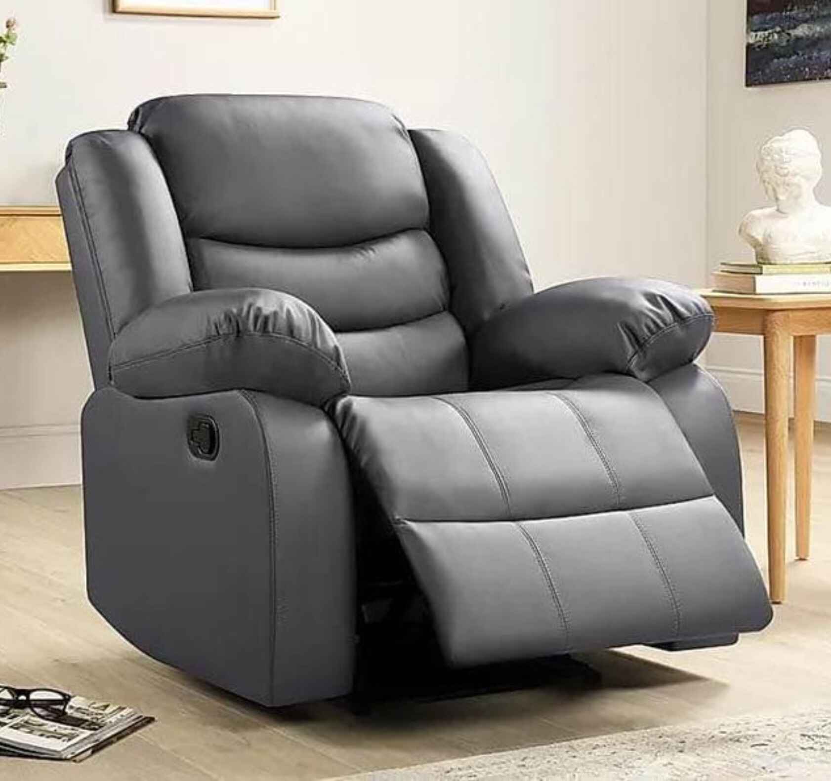 Roma grey leather recliner single chair main view with modern and stylish finish SOLID FURNITURE LTD