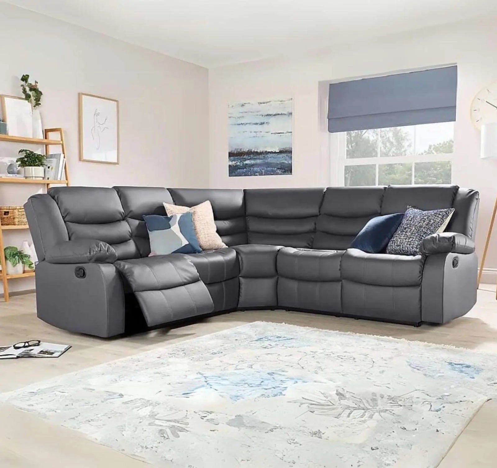 Roma grey leather recliner corner sofa in light and dark grey showing full oval shape and premium finish UK