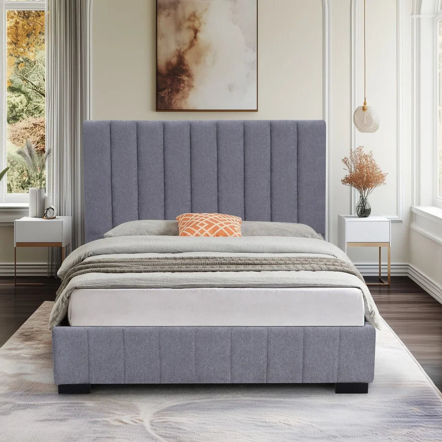Roma grey velvet double bed frame main view Solid Furniture UK
