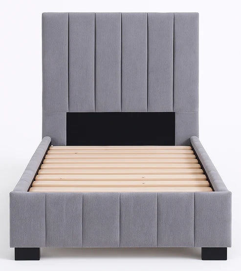 Roma grey velvet single bed inside view and base Solid Furniture UK