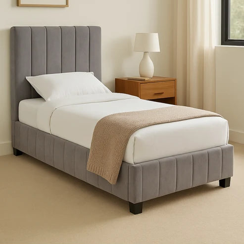 Roma grey velvet single bed frame side view Solid Furniture UK