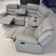 Side view of Roma light grey leather recliner corner sofa with reclining seats and cupholders solid furniture UK