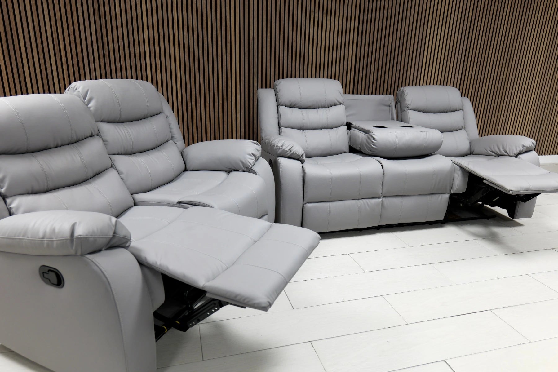 Side view of Roma light grey recliner sofa showing structure and reclining function solid furniture UK