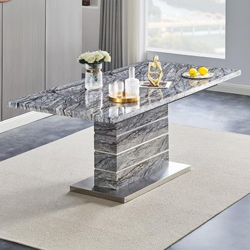 Roseberry Dining Table marble-effect top with pedestal base – main view from Solid Furniture UK