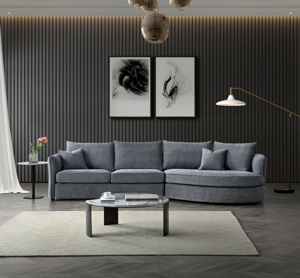 Front view of Rubin corner chaise sofa in charcoal bouclé fabric with curved design solid furniture UK
