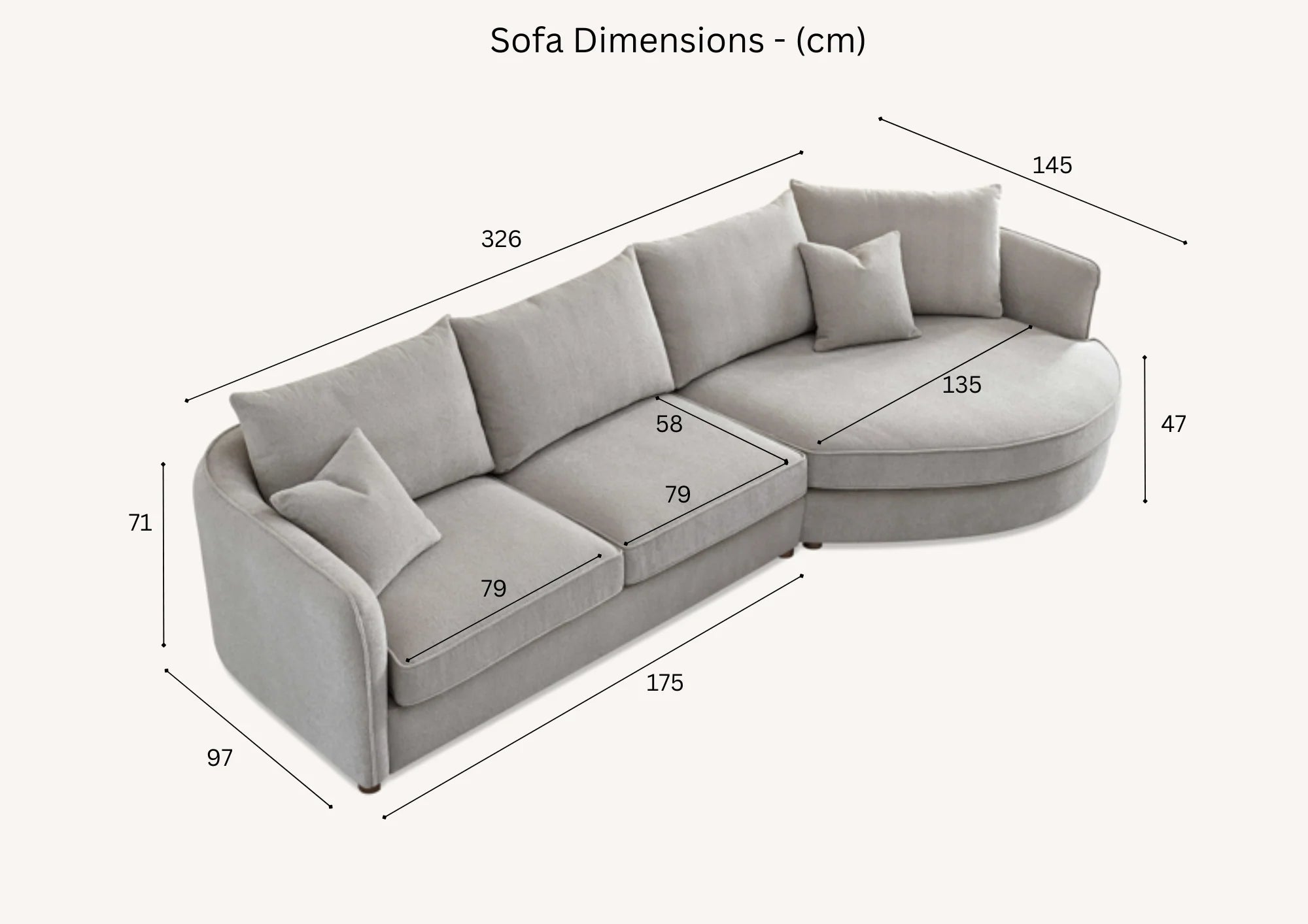 Dimensions of Rubin corner chaise sofa in pebble bouclé showing 326 cm length and chaise section solid furniture UK