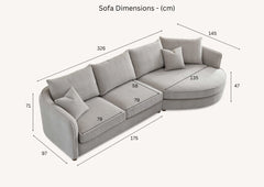 Dimensions of Rubin corner chaise sofa in pebble bouclé showing 326 cm length and chaise section solid furniture UK