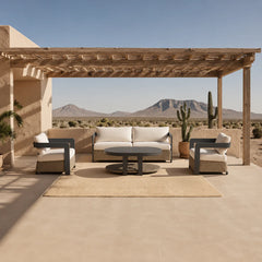 Selene wicker 5 seater outdoor garden lounge set with grey aluminium frame, placed in a scenic garden setting with beautiful mountain view in the background and modern patio design solid furniture UK