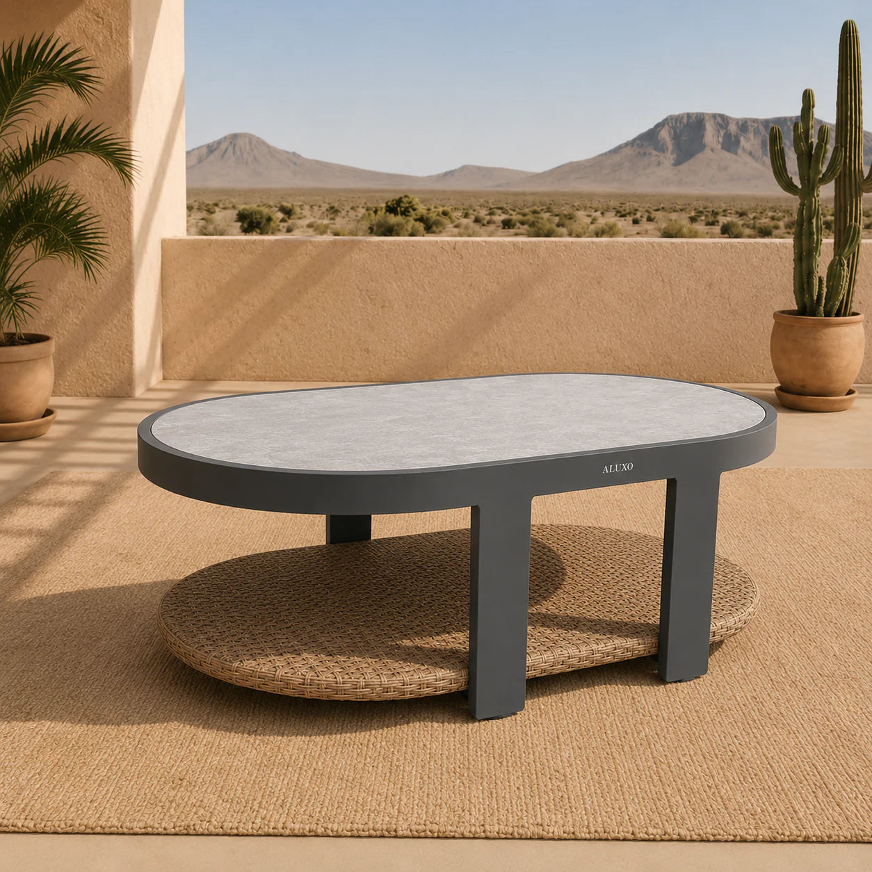 Close-up view of Selene outdoor coffee table featuring durable sintered stone top with modern grey aluminium frame, designed for weather-resistant garden and patio use in luxury outdoor furniture set solid furniture UK