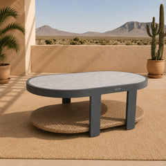 Close-up view of Selene outdoor coffee table featuring durable sintered stone top with modern grey aluminium frame, designed for weather-resistant garden and patio use in luxury outdoor furniture set solid furniture UK