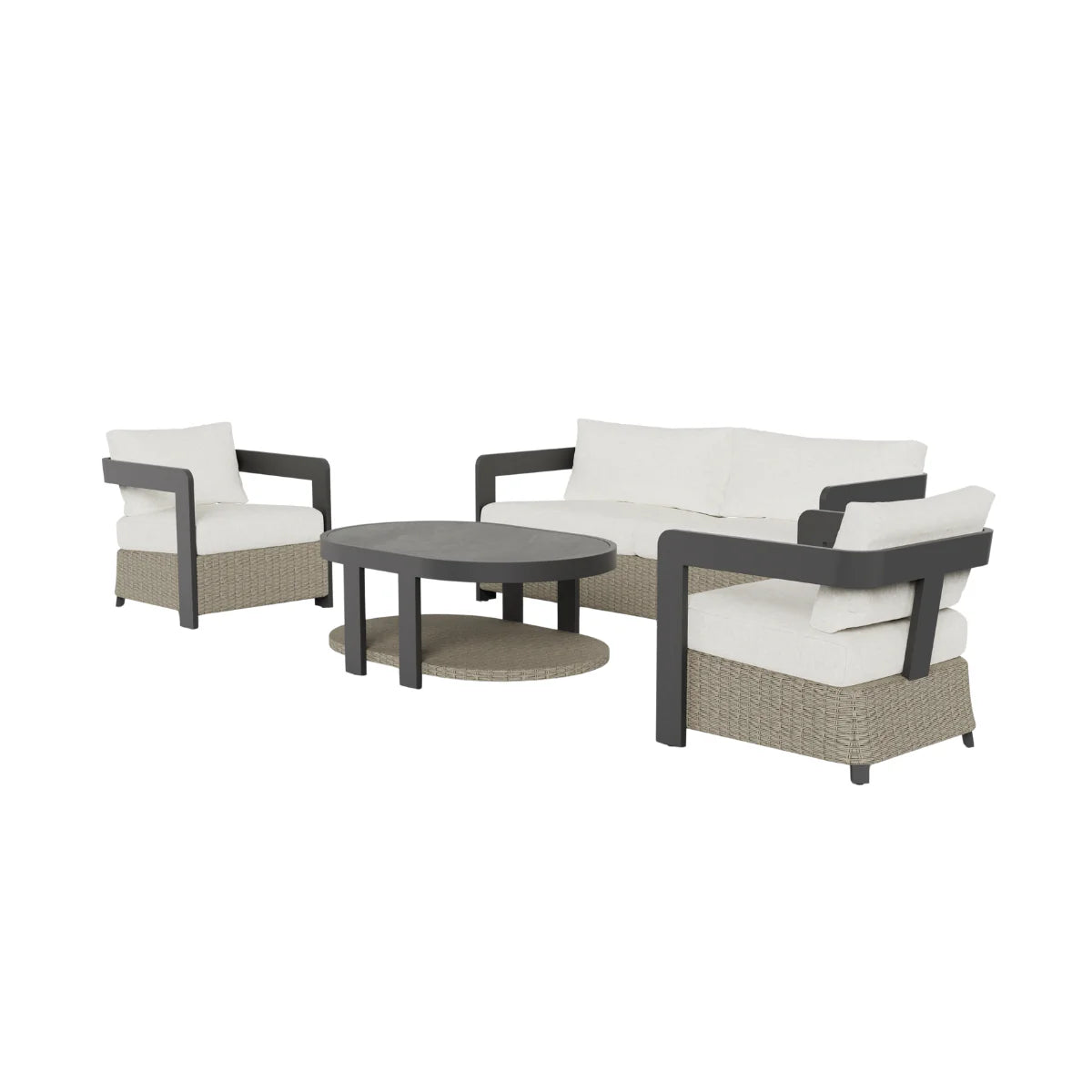 Back side view of Selene wicker outdoor garden lounge set showing durable grey aluminium frame, polyrattan weave detailing, and modern luxury garden furniture design solid furniture UK