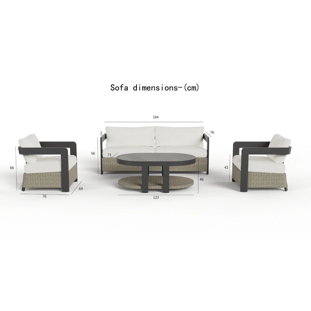 Dimension guide of Selene wicker 5 seater outdoor garden lounge set showing sofa, armchairs and table measurements for accurate garden furniture sizing and layout planning solid furniture UK