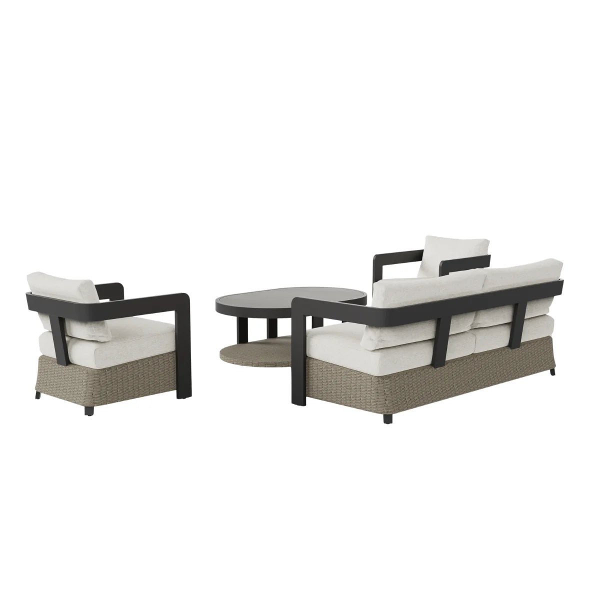 Side angle view of Selene wicker outdoor garden lounge set featuring sofa, armchairs and table with grey aluminium frame and modern weather-resistant patio design solid furniture UK