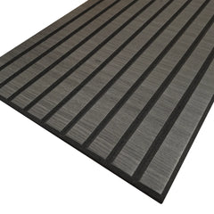 Slatted acoustic wall panel in black oak finish with deep dark wood slats for contemporary interior feature walls by solid furniture UK