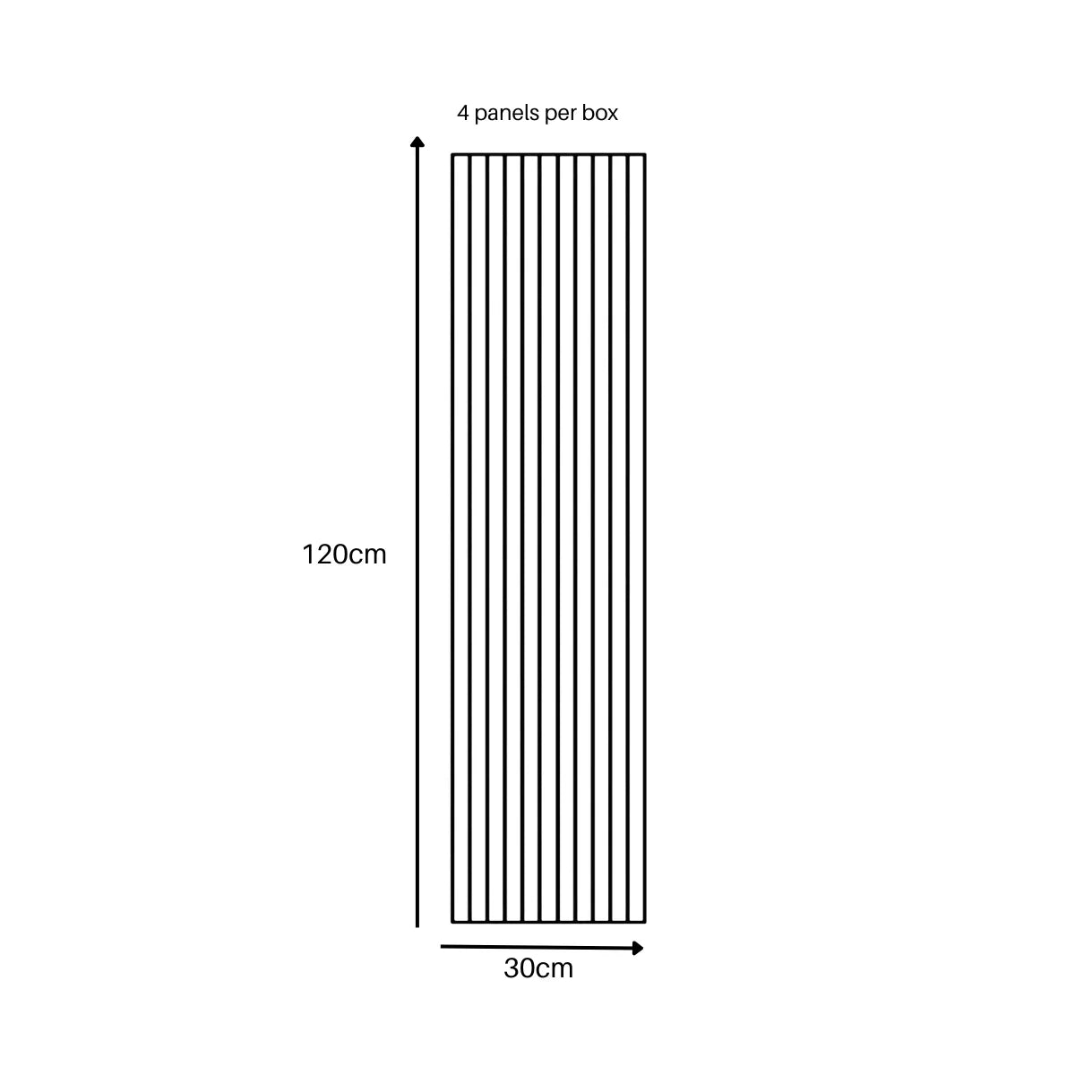 Dimensions of self-adhesive slatted acoustic wall panel showing panel measurements and sizing details by solid furniture UK