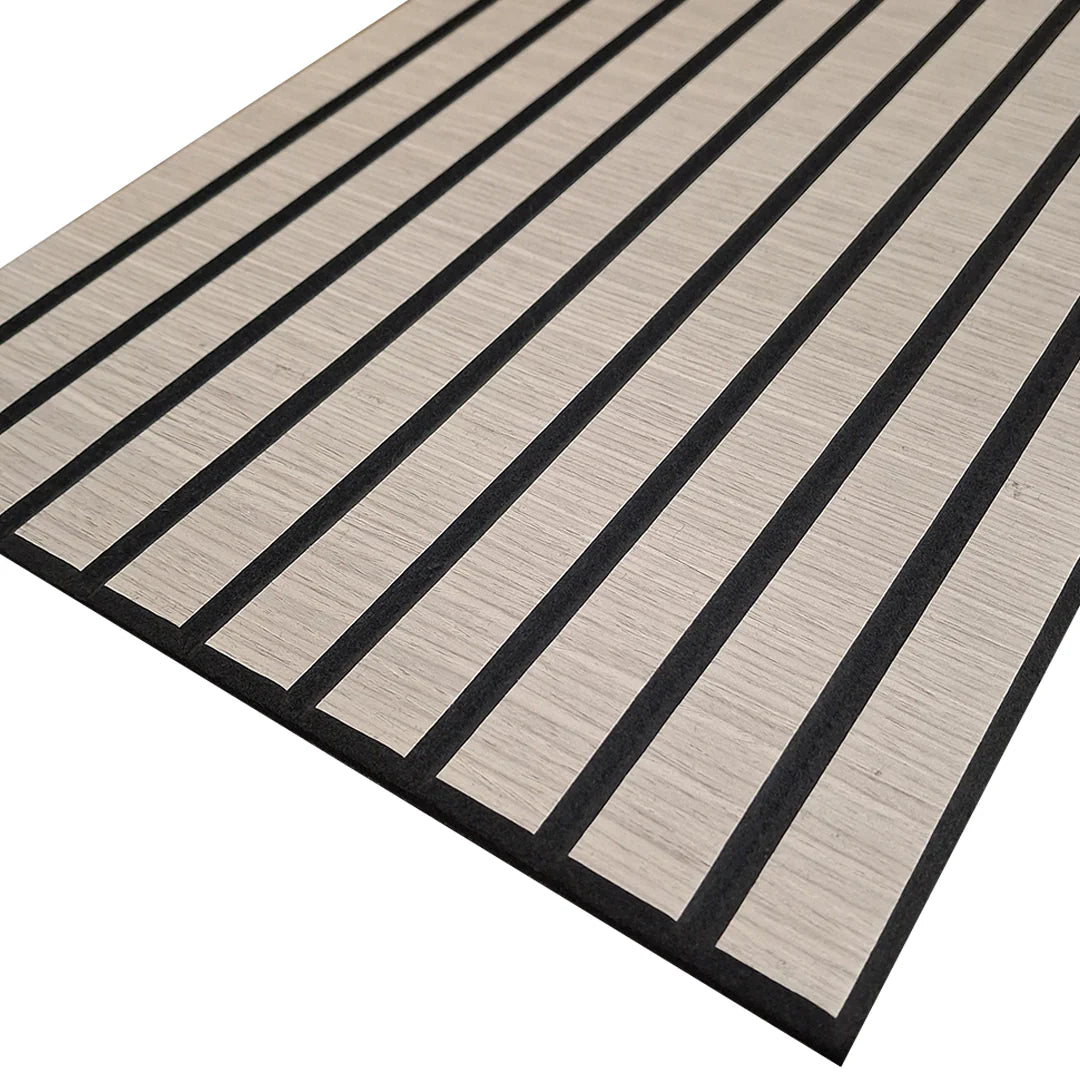 Slatted acoustic wall panel in grey oak finish with modern light grey wood texture ideal for minimalist interior walls by solid furniture UK
